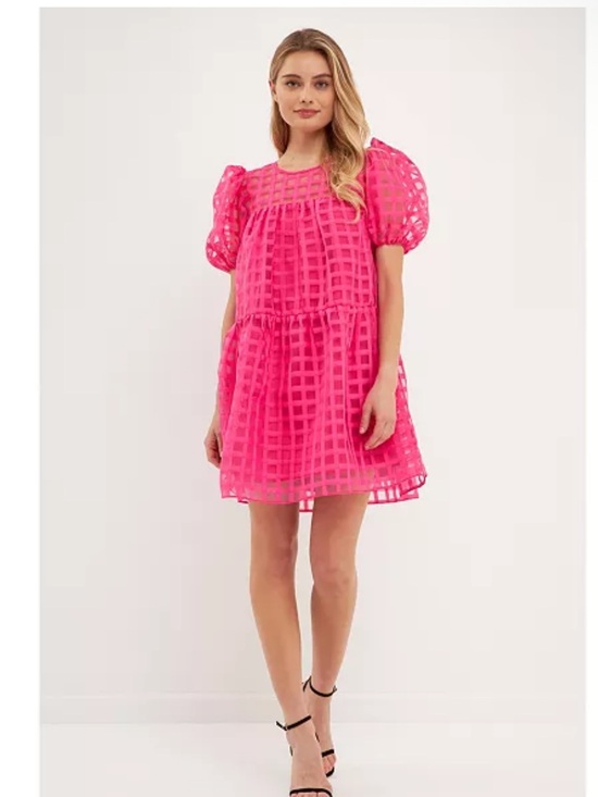 Cotton Bleu Dresses & Skirts - Cotton Bleu Bright Hot Pink Puff Sleeve Grid Babydoll Dress